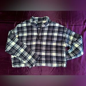Love Three Sherpa, plaid print, cropped pullover
